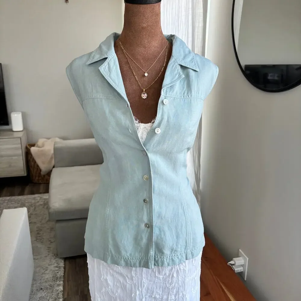 90s Vintage Anne Brooks Petite Linen Blend Sleeveless Button Up Blouse Size 14 - Picture 4 of 12